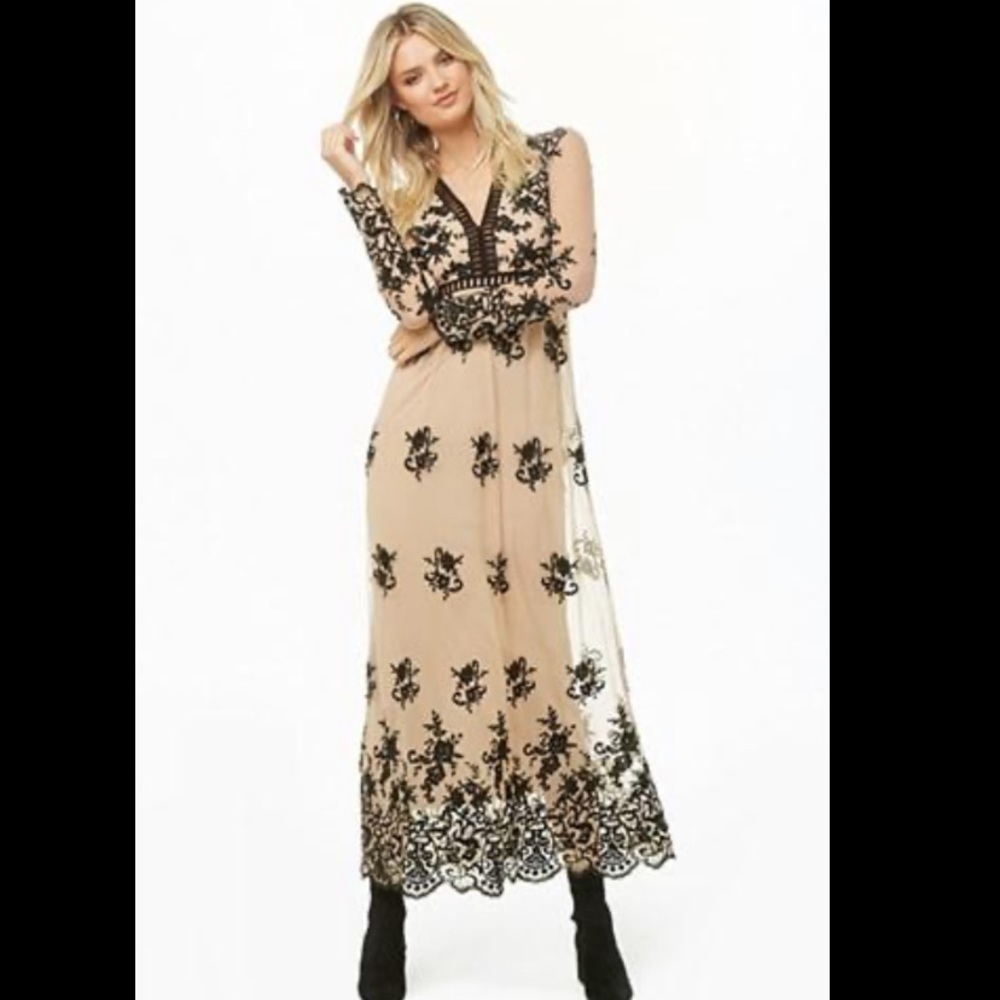 Nude and Black Embroidered Maxi Dress